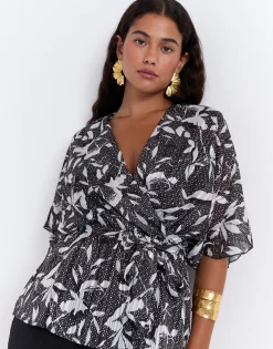 Blouse manches courtes imprimé graphique NOIR Femme