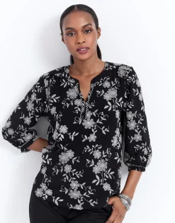 Blouse manches longues imprimé à fleurs NOIR Femme