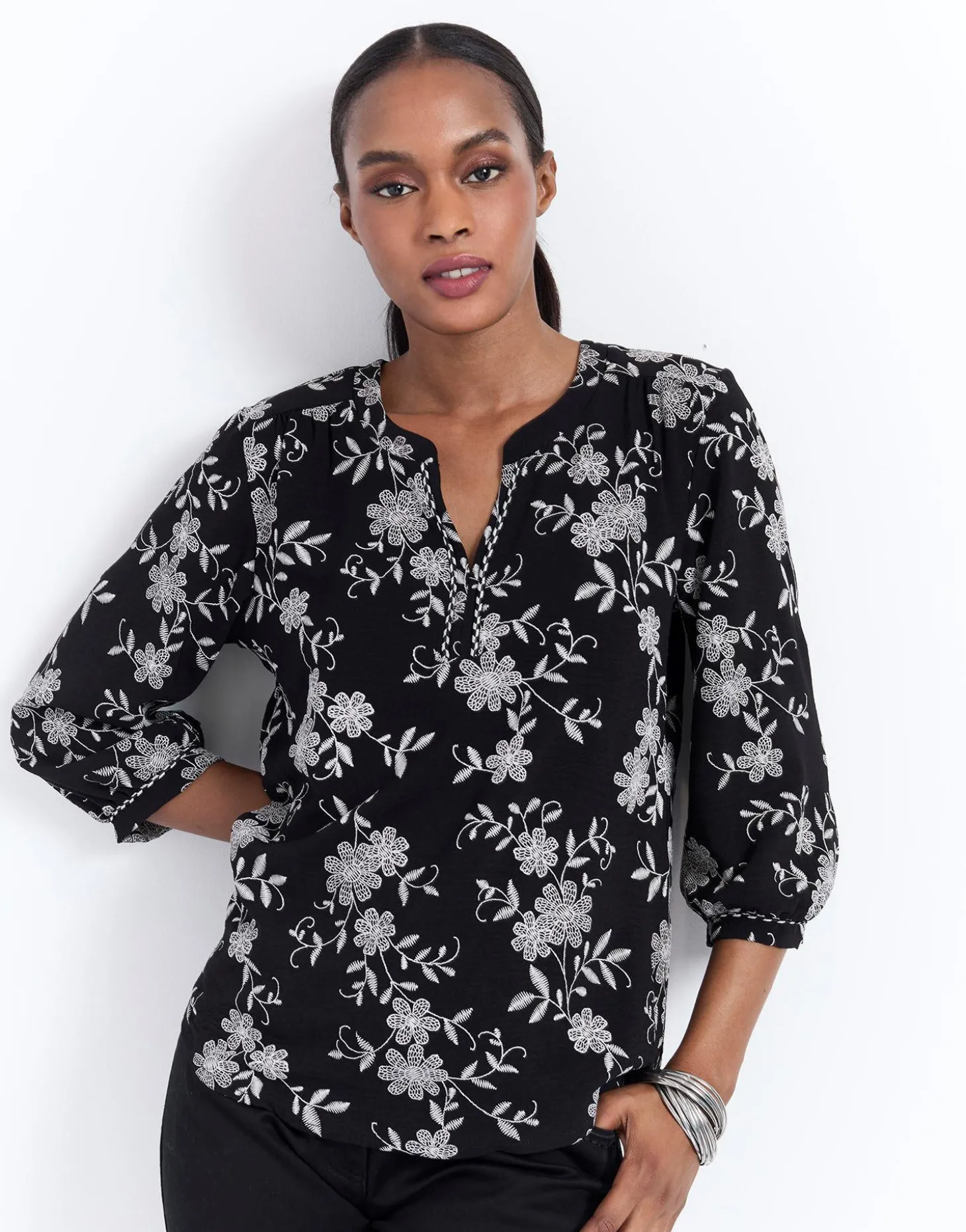 Blouse manches longues imprimé à fleurs NOIR Femme