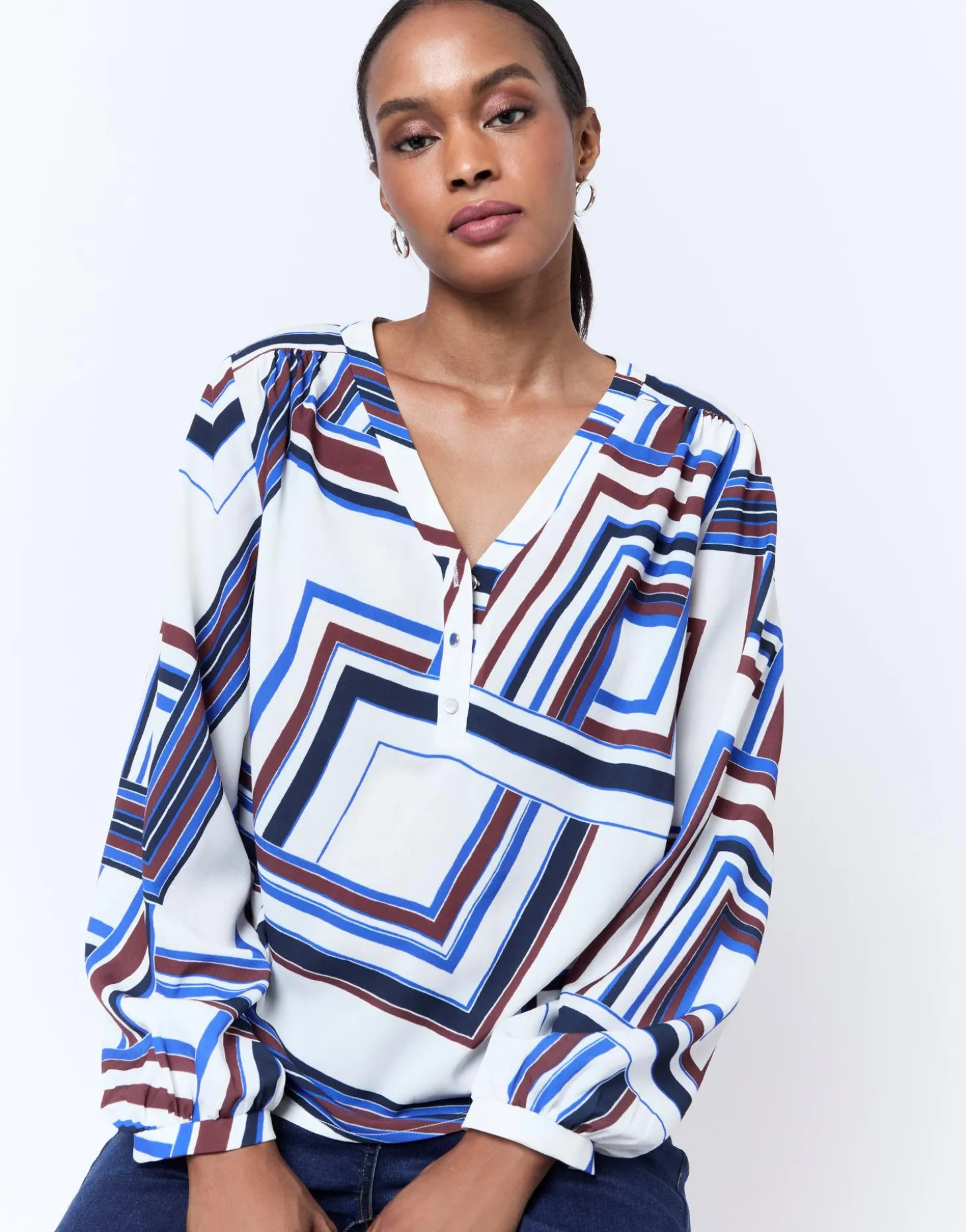 Blouse manches longues imprimé graphique BLANC Femme