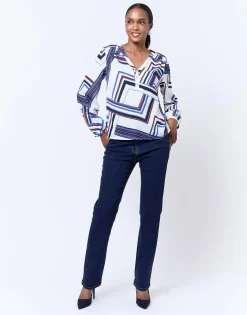 Blouse manches longues imprimé graphique BLANC Femme