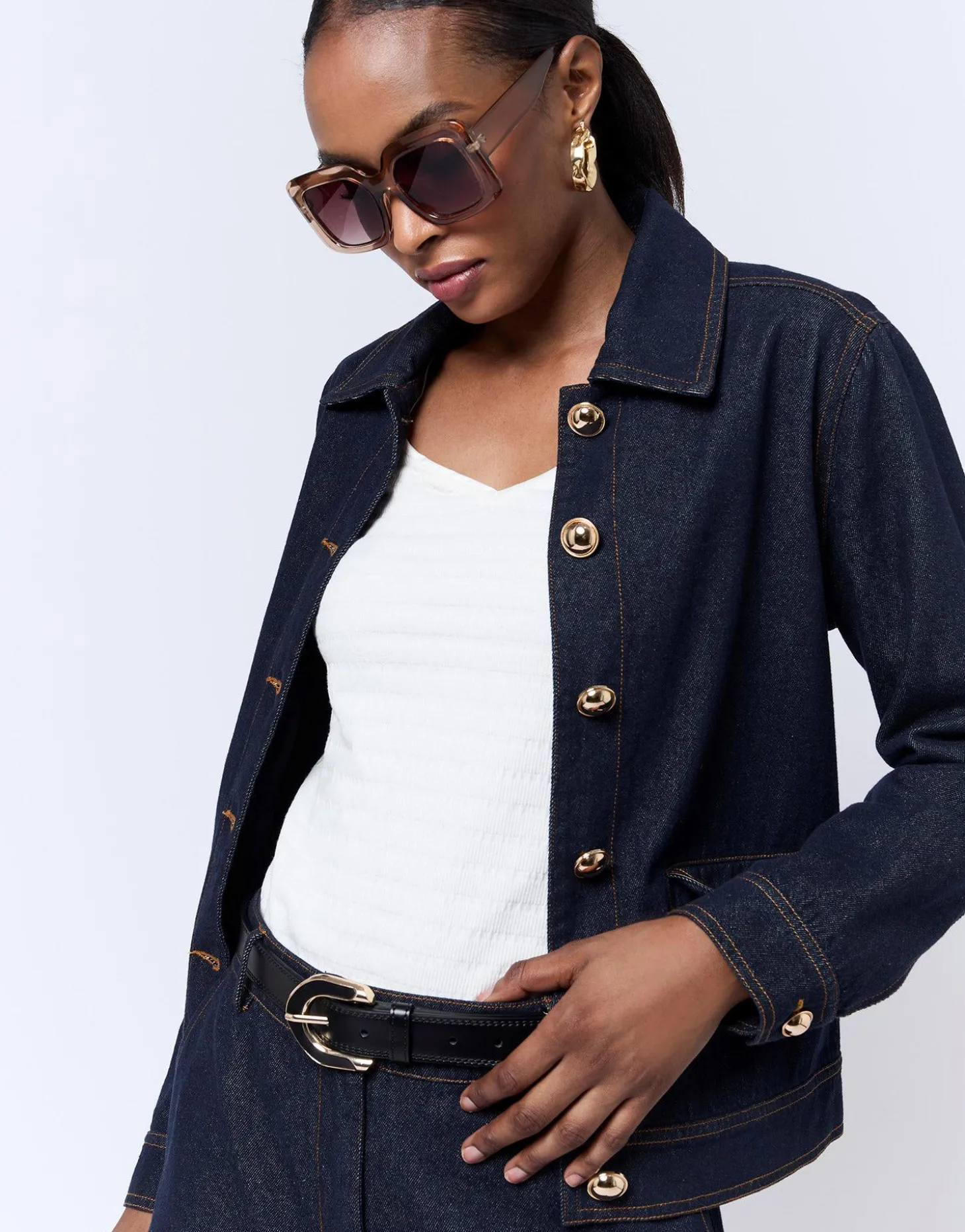 Blouson court en denim uni MARINE Femme