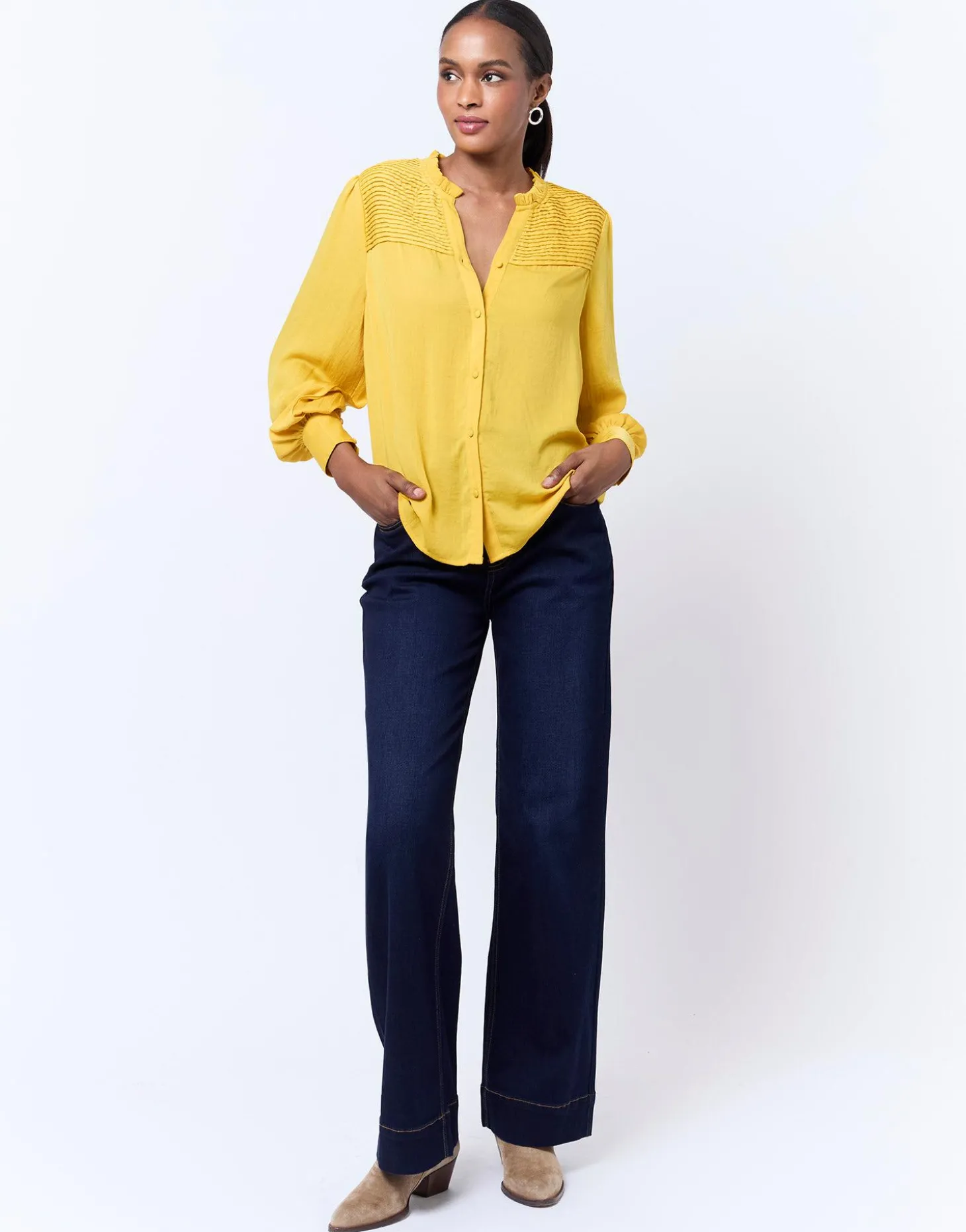 Chemisier manches longues uni JAUNE Femme