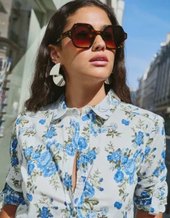Chemisier manches longues imprimé à fleurs BLEU Femme