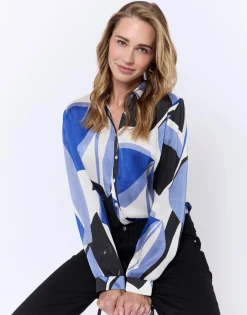 Chemisier manches longues imprimé graphique BLEU Femme