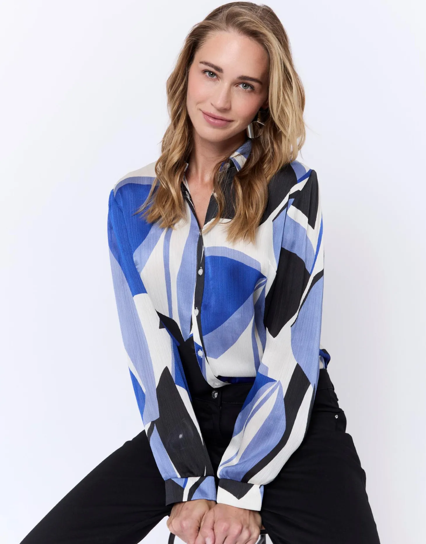 Chemisier manches longues imprimé graphique BLEU Femme