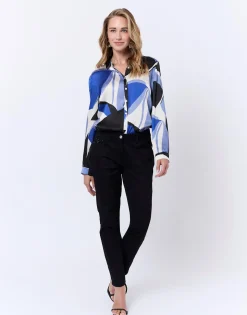 Chemisier manches longues imprimé graphique BLEU Femme