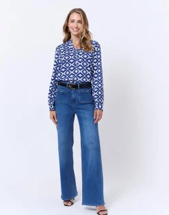 Chemisier manches longues imprimé graphique BLEU Femme
