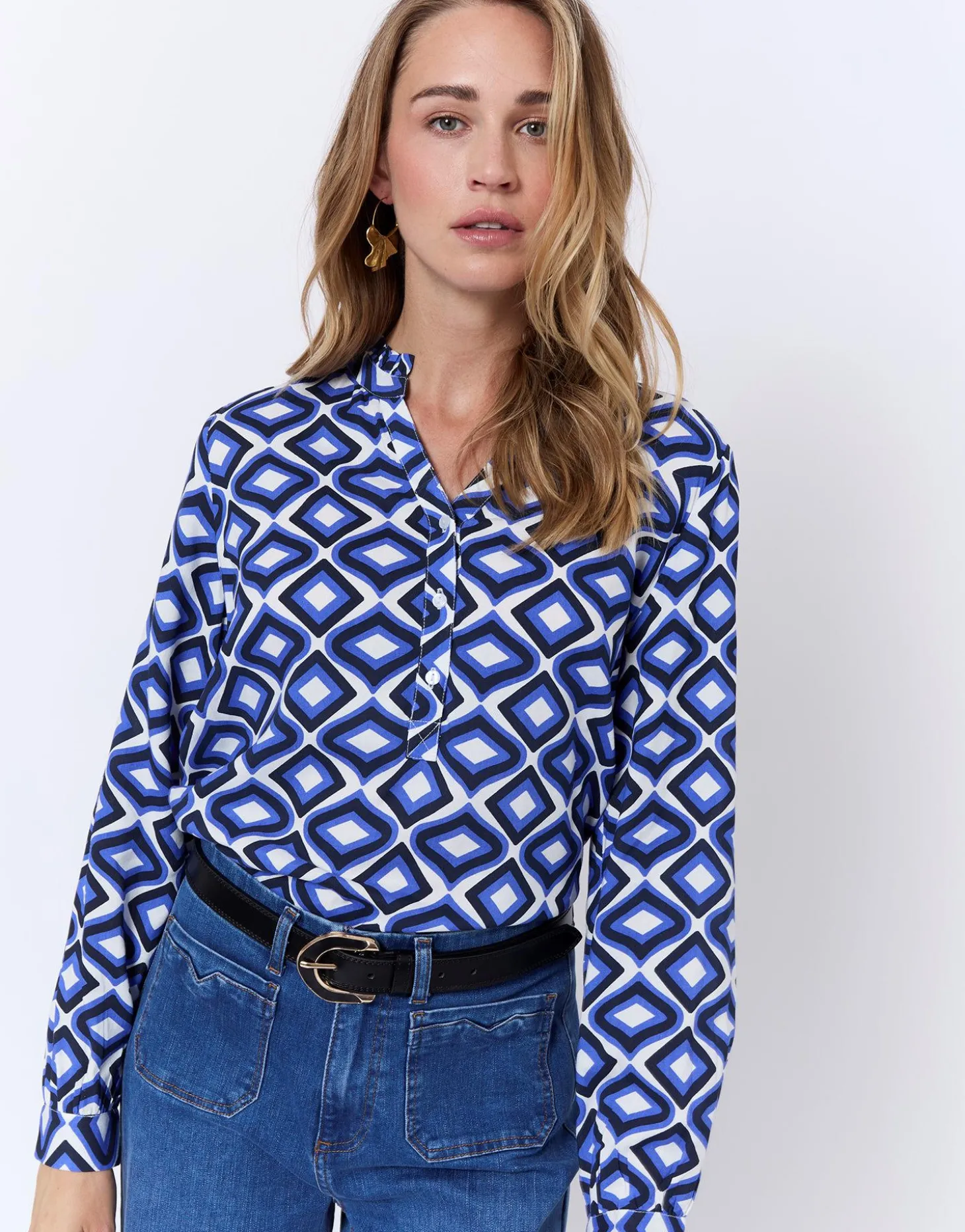 Chemisier manches longues imprimé graphique BLEU Femme
