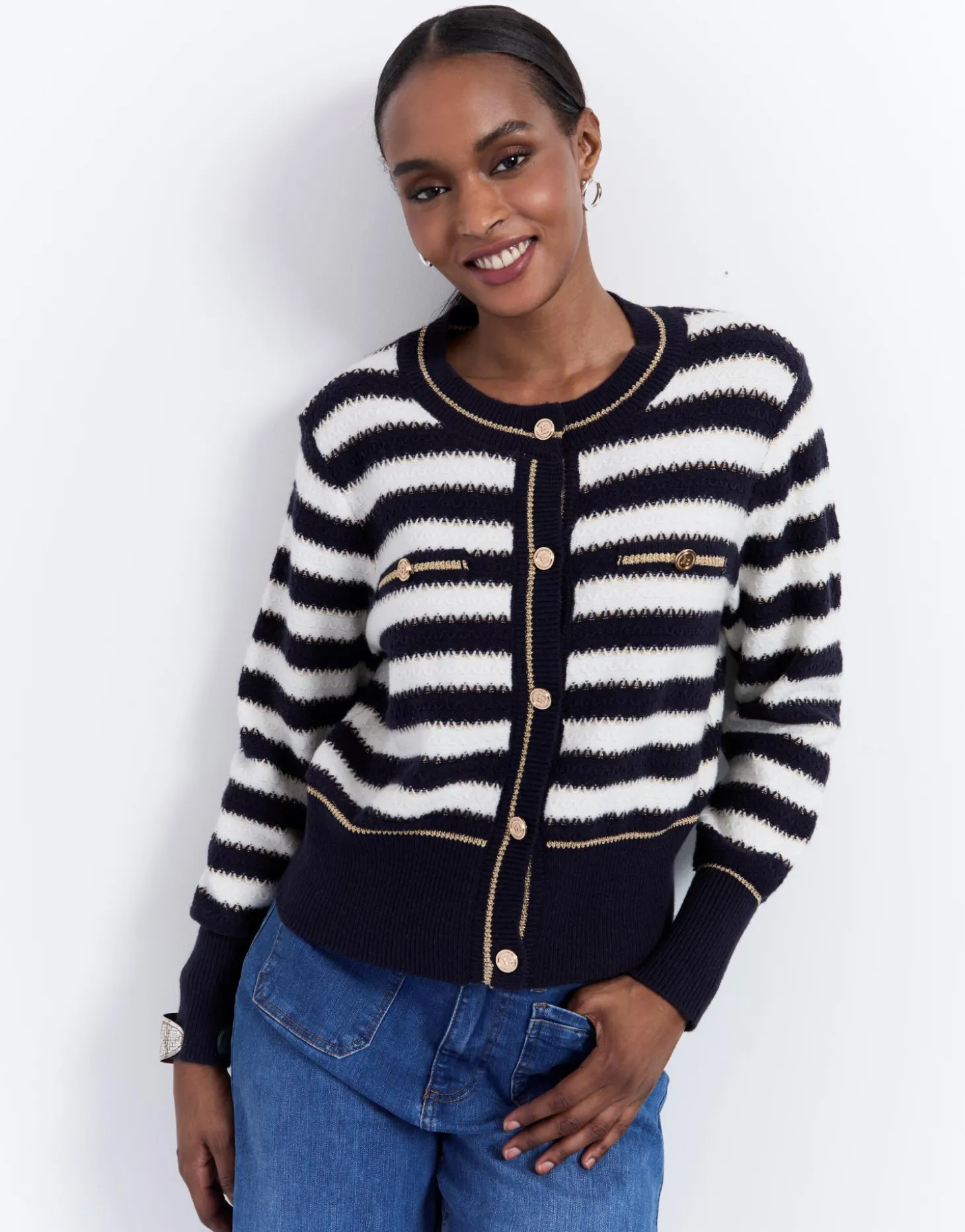 Gilet court en mélange laine rayé MARINE Femme