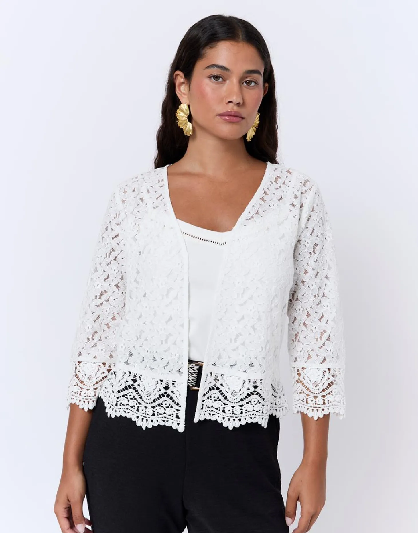Gilet manches 3/4 en dentelle uni BLANC Femme