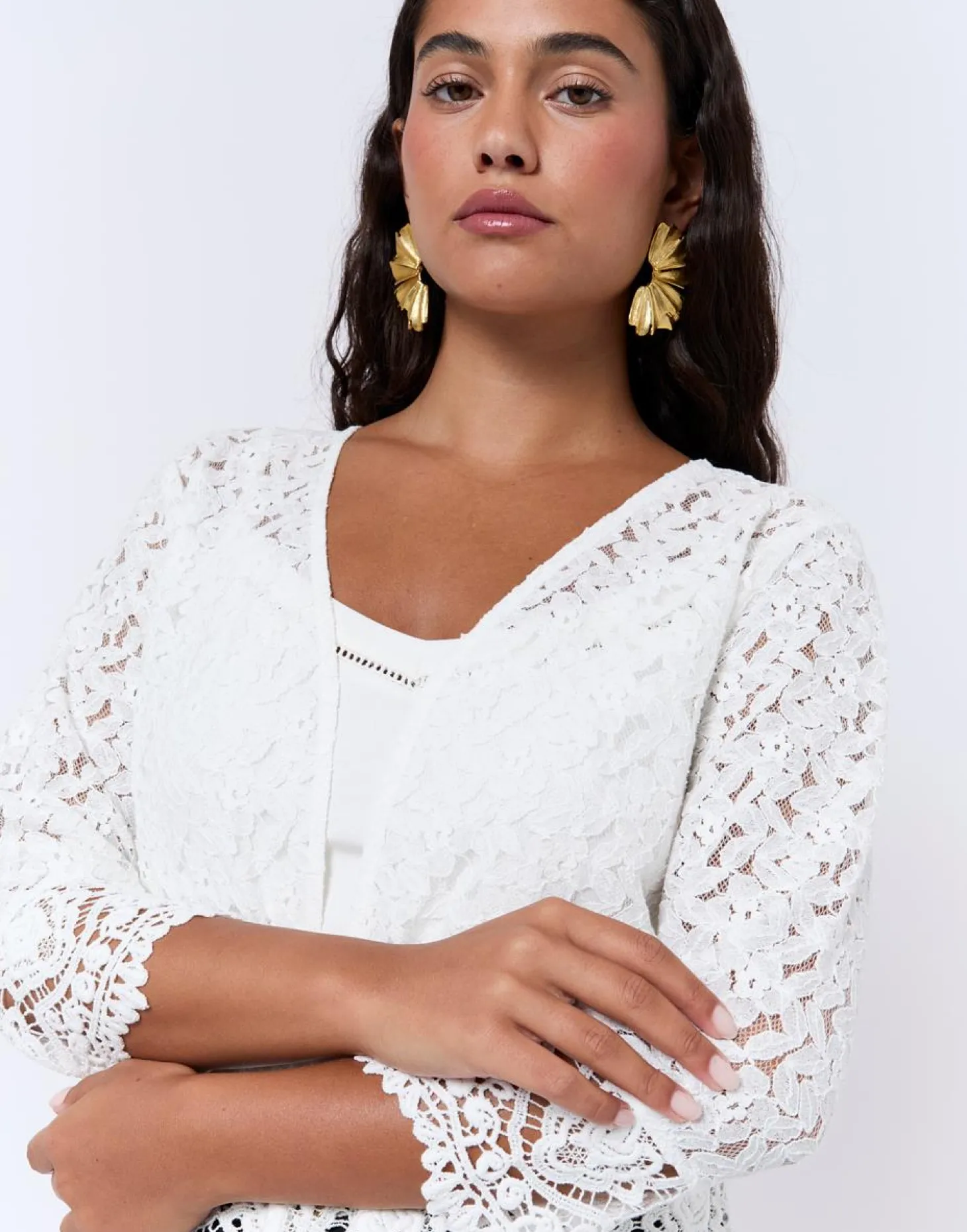 Gilet manches 3/4 en dentelle uni BLANC Femme