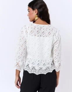 Gilet manches 3/4 en dentelle uni BLANC Femme