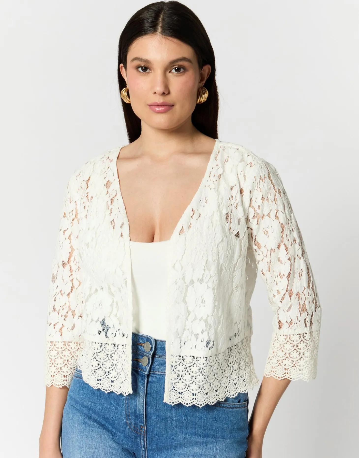 Gilet manches 3/4 en dentelle uni BLANC Femme