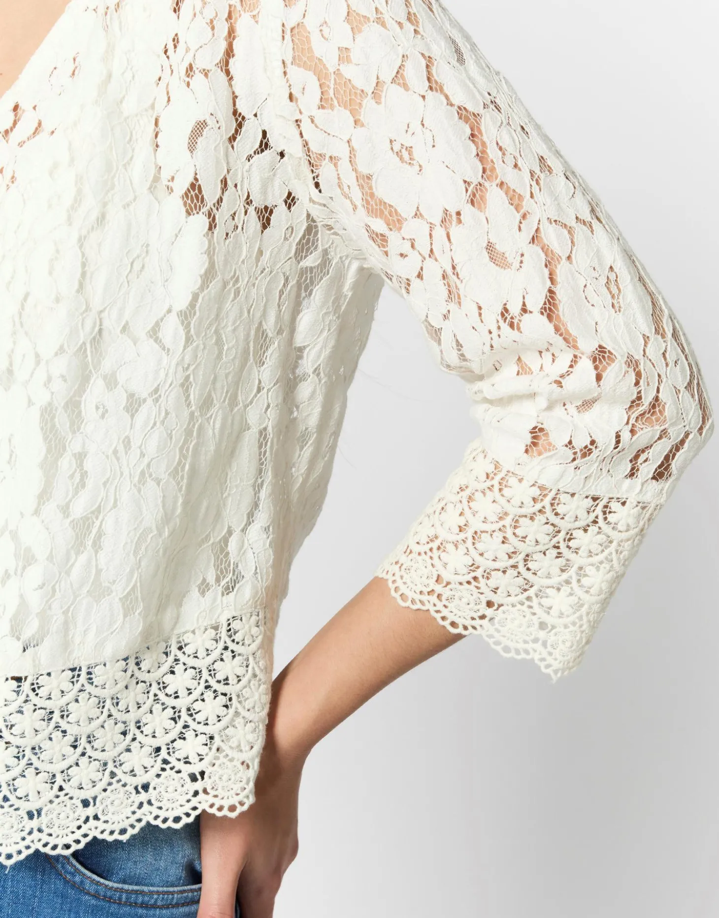 Gilet manches 3/4 en dentelle uni BLANC Femme