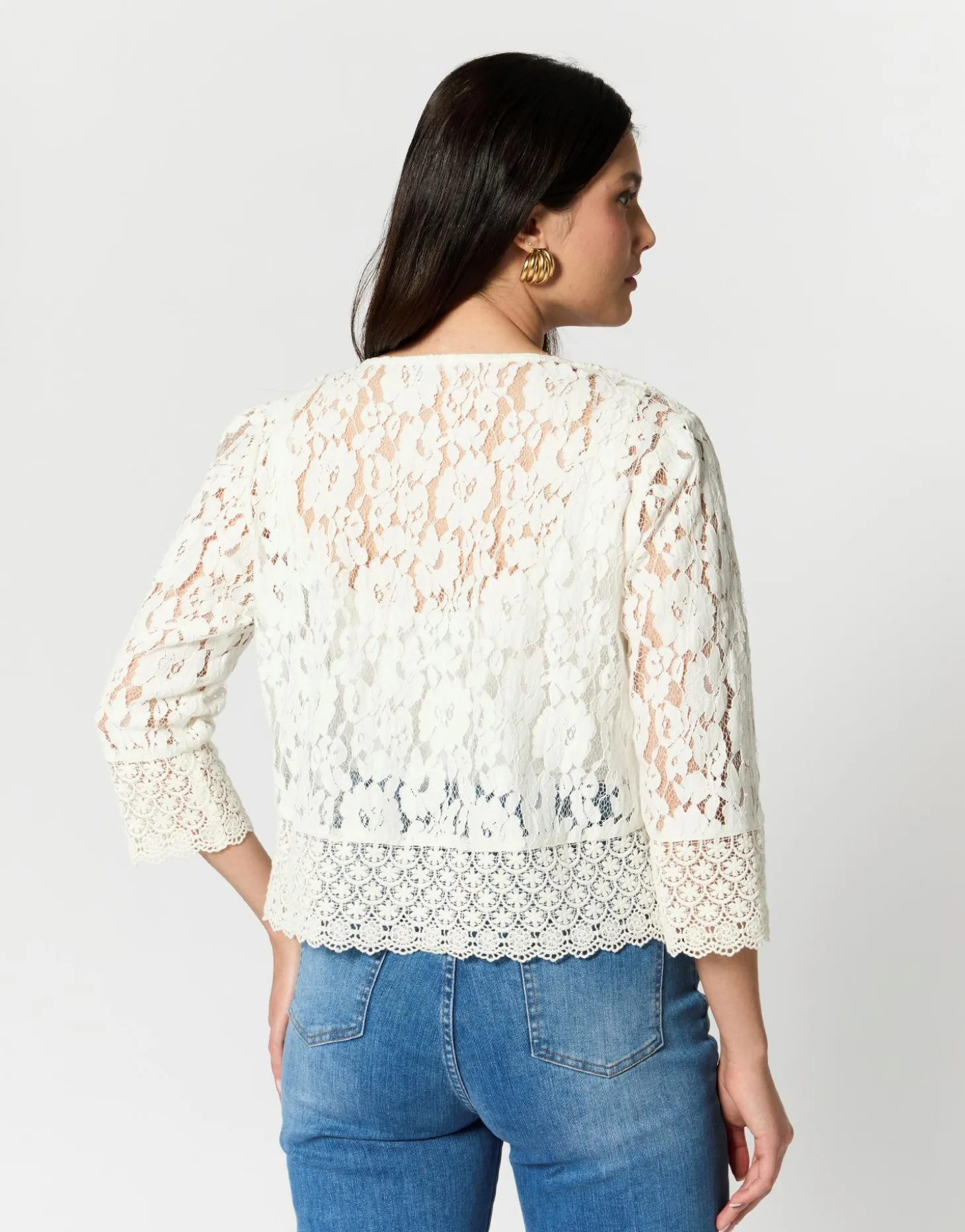 Gilet manches 3/4 en dentelle uni BLANC Femme