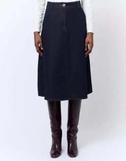 Jupe midi en denim unie MARINE