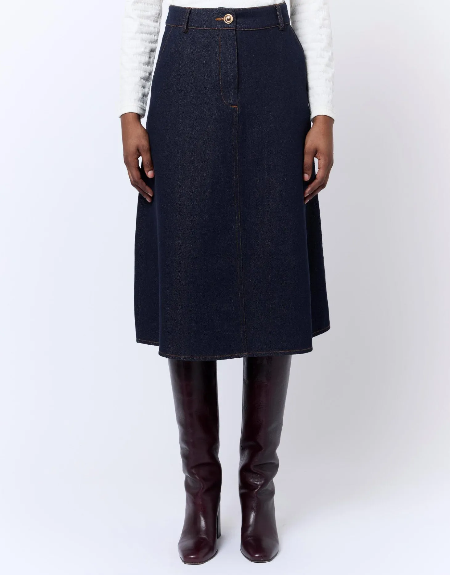 Jupe midi en denim unie MARINE