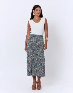 Jupe midi évasée imprimé à fleurs MULTICOLORE