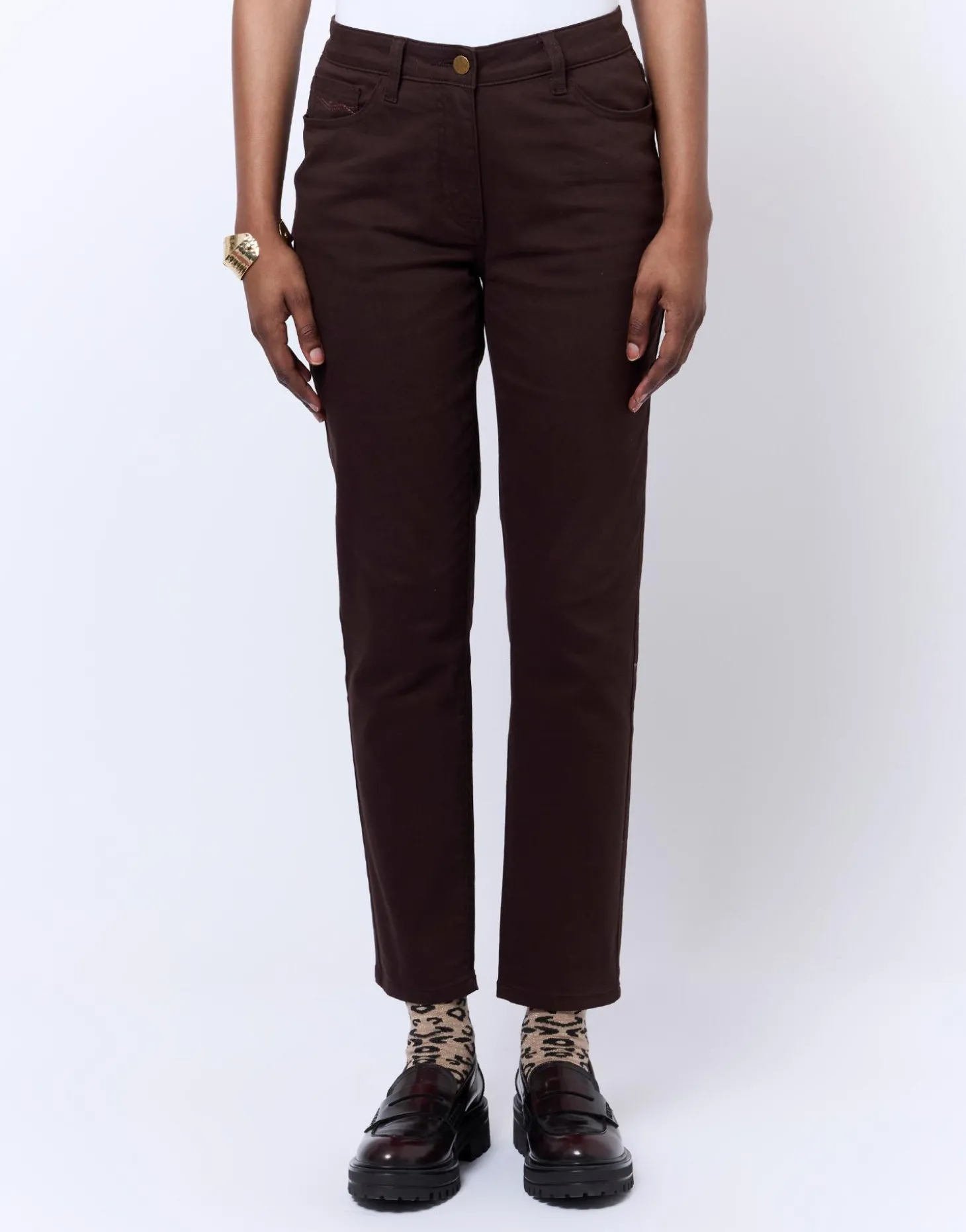 Pantalon 7/8 slim uni MARRON Femme