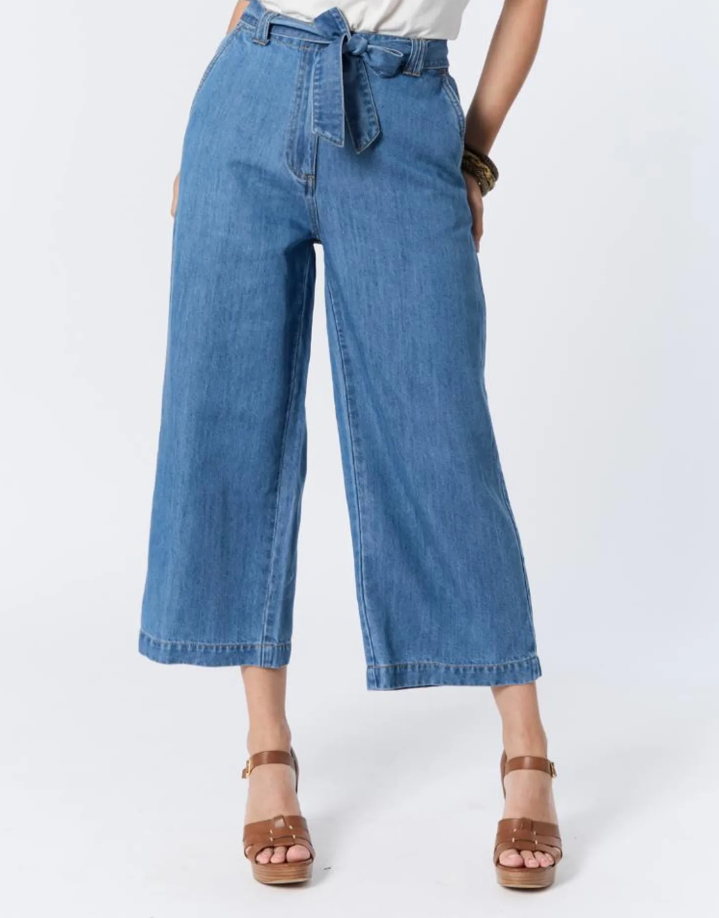 Pantalon cropped large uni BLEU Femme