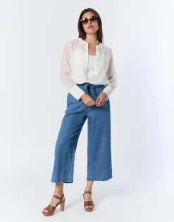 Pantalon cropped large uni BLEU Femme