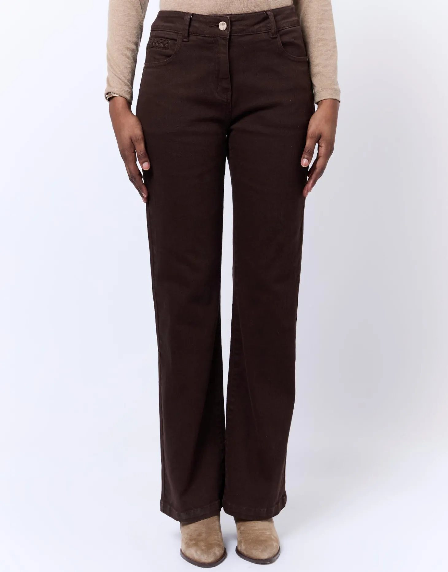 Pantalon long flare uni MARRON Femme