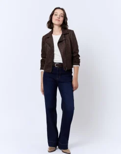 Perfecto court en suédine imprimé léopard MARRON Femme
