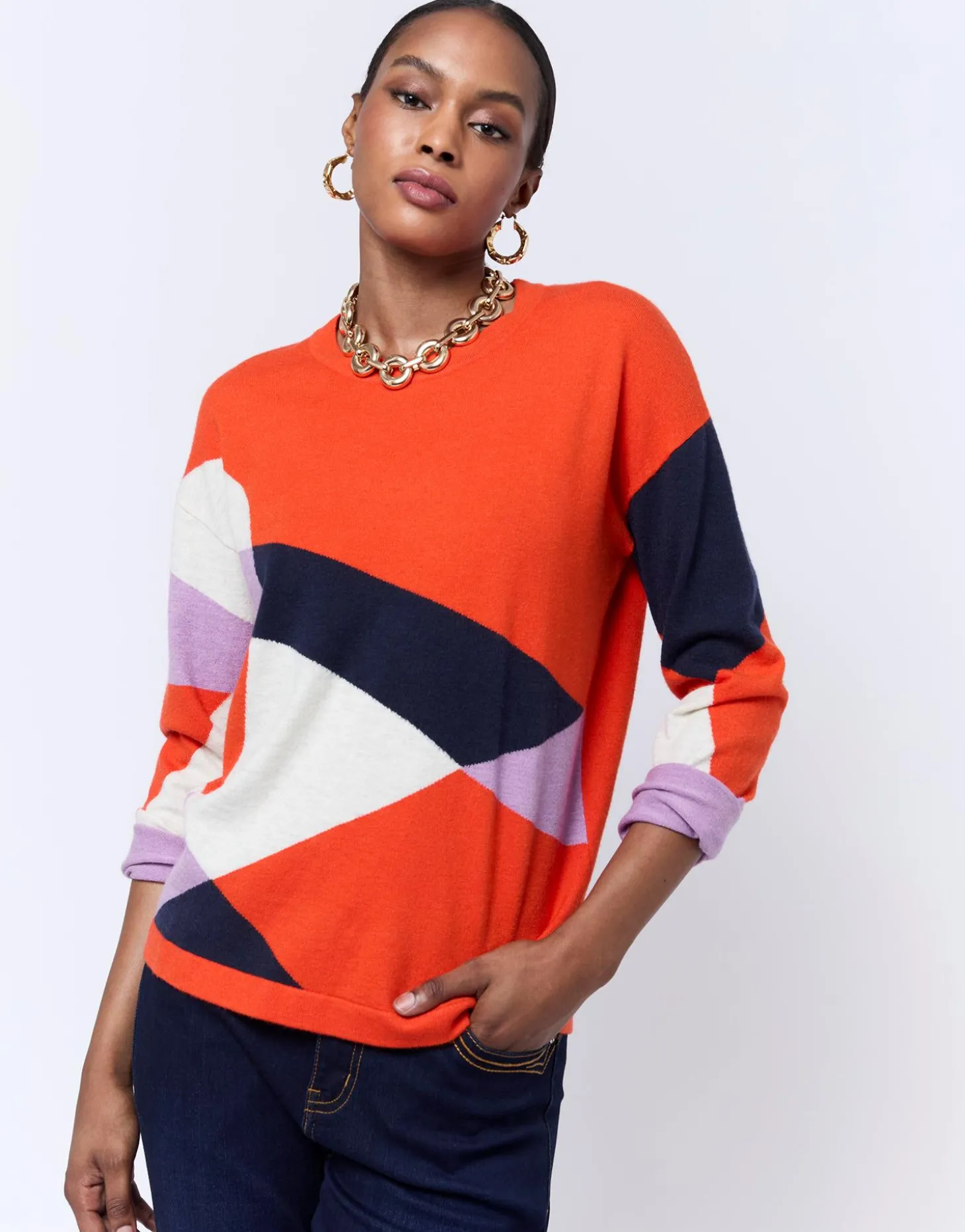 Pull fin color bloc ORANGE Femme