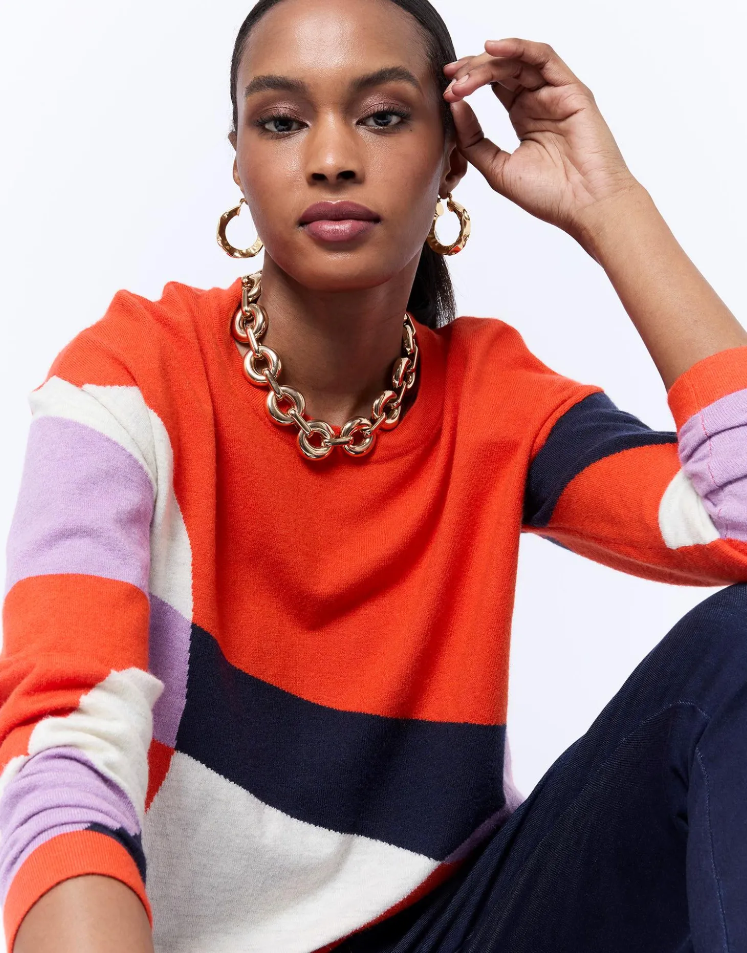 Pull fin color bloc ORANGE Femme