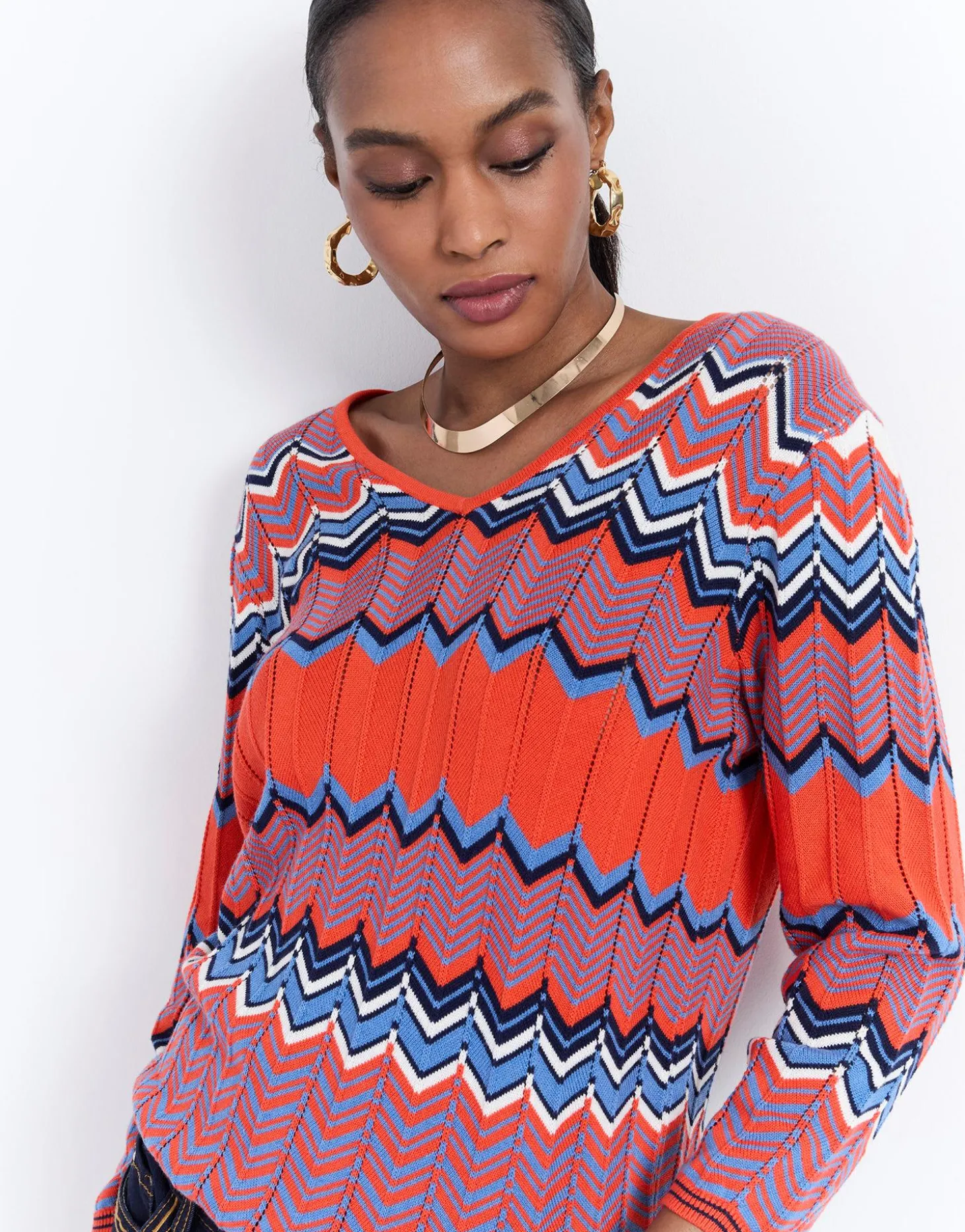 Pull fin en mélange coton multicolore ORANGE Femme