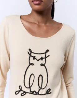Pull fin uni décoré BEIGE Femme