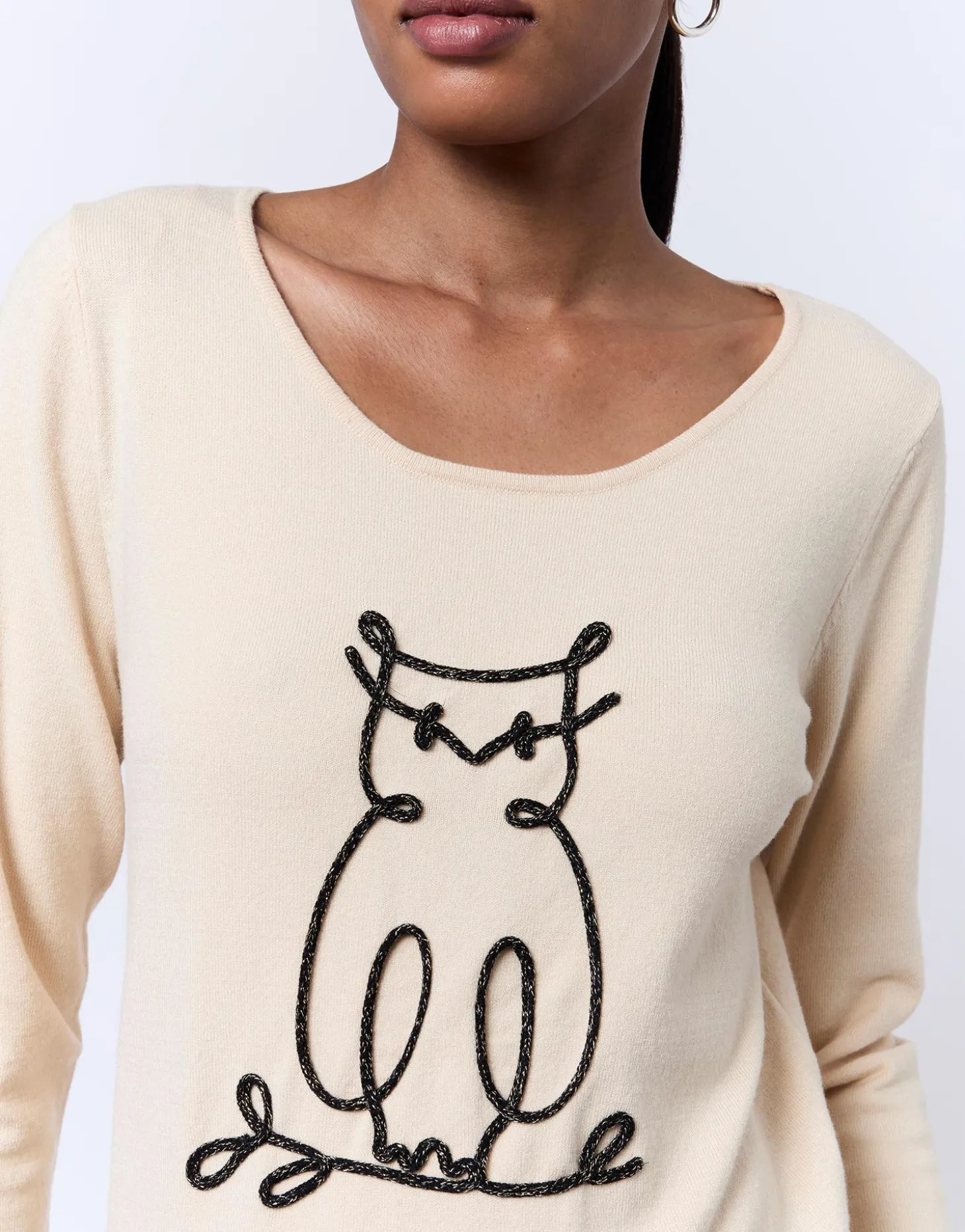 Pull fin uni décoré BEIGE Femme