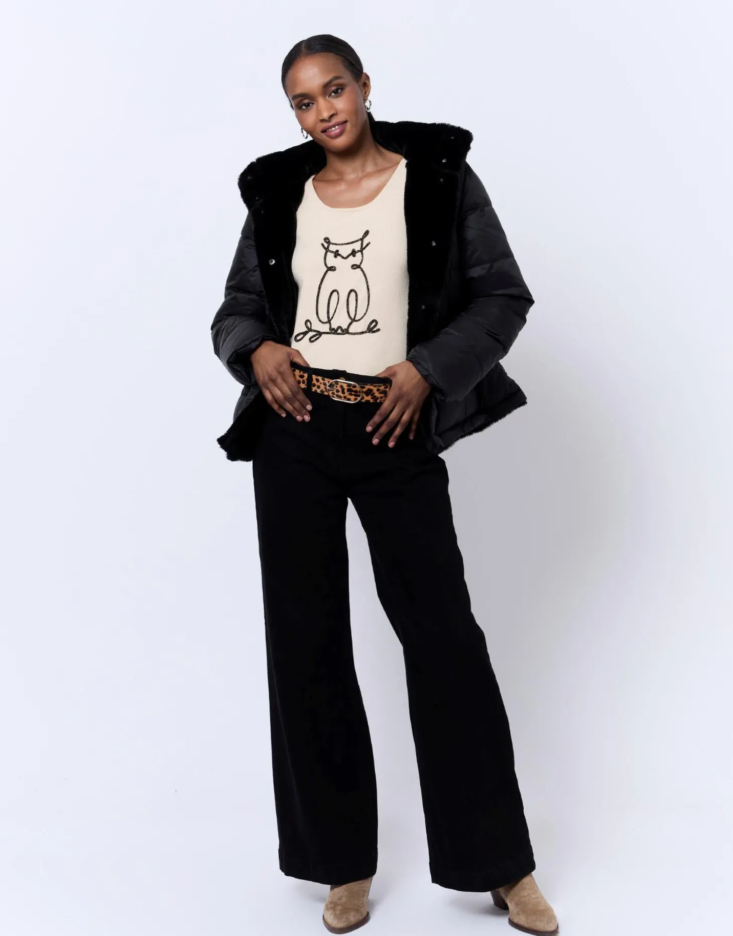 Pull fin uni décoré BEIGE Femme