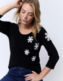 Pull fin uni décoré NOIR Femme