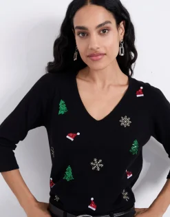 Pull fin uni décoré NOIR Femme