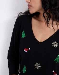 Pull fin uni décoré NOIR Femme