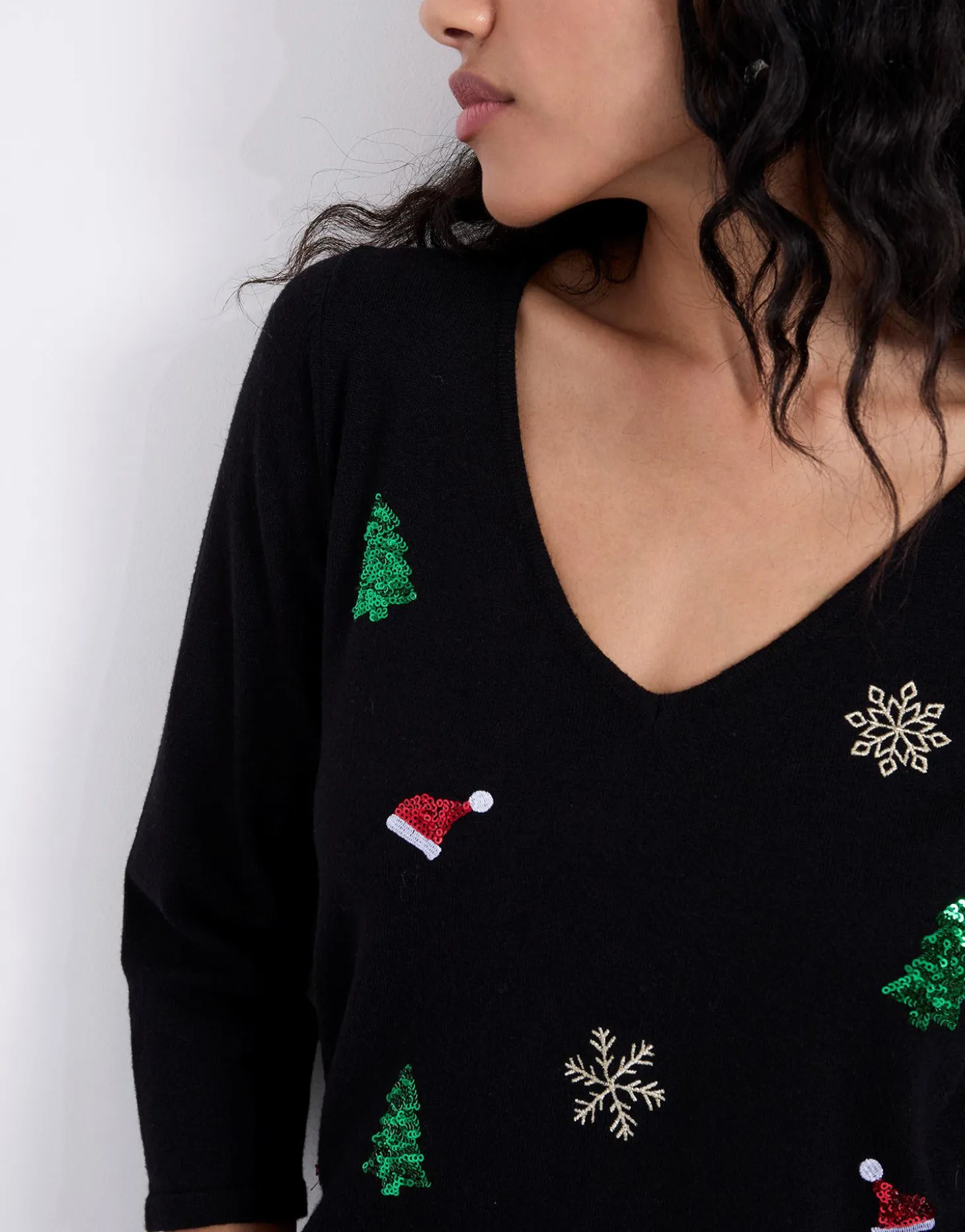 Pull fin uni décoré NOIR Femme