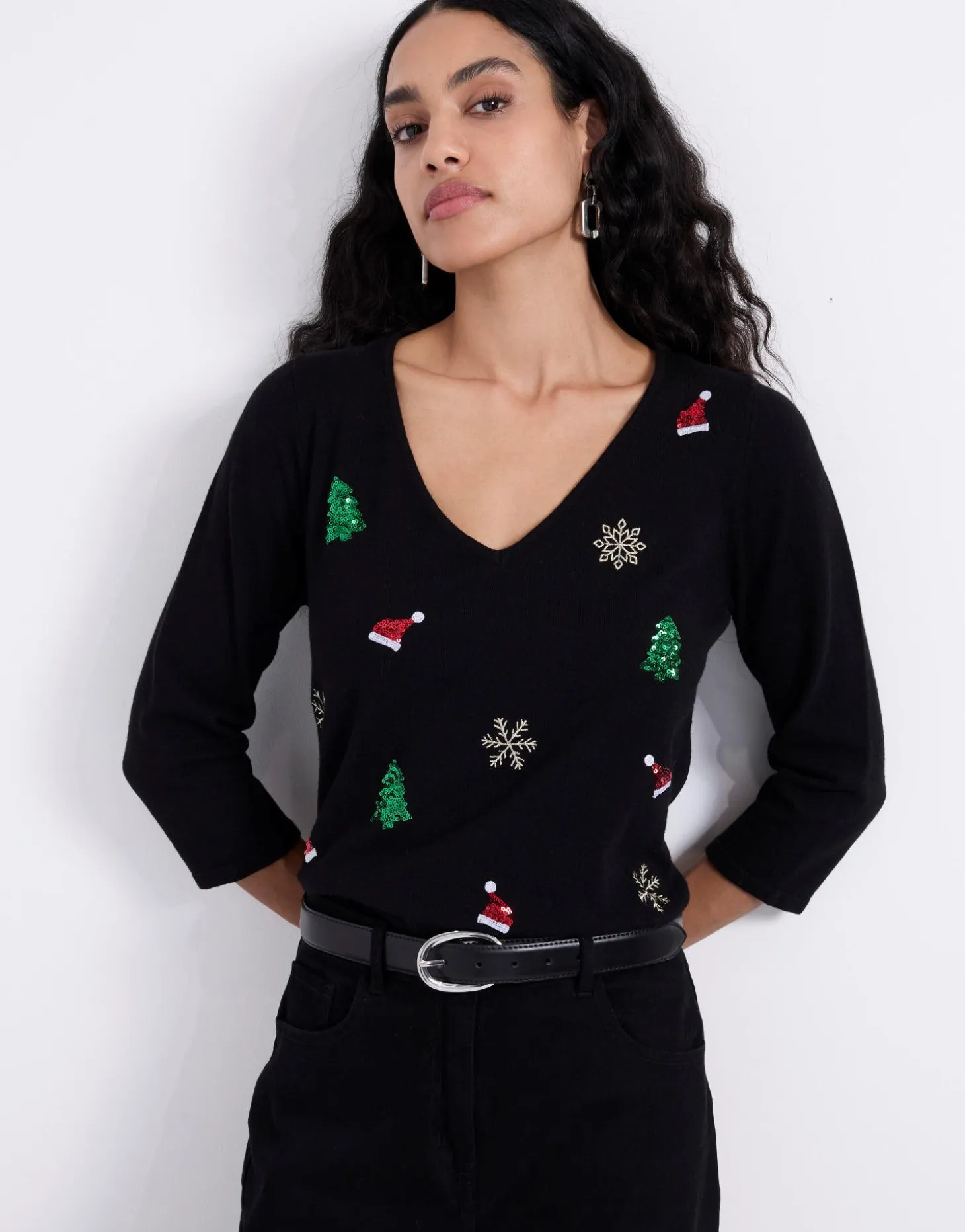 Pull fin uni décoré NOIR Femme