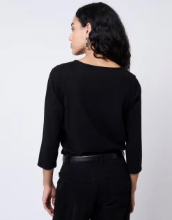 Pull fin uni décoré NOIR Femme