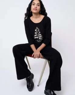 Pull fin uni décoré NOIR Femme