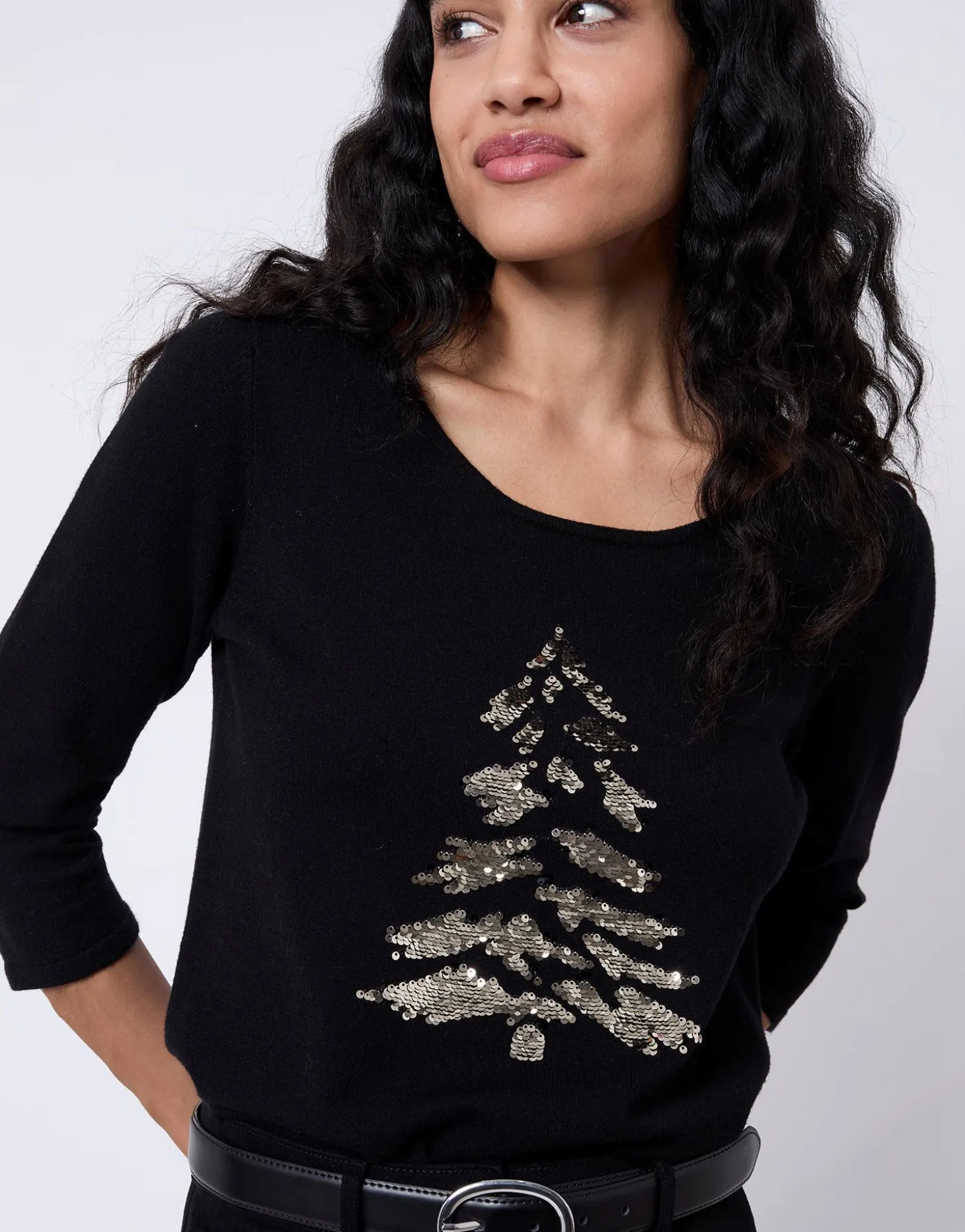 Pull fin uni décoré NOIR Femme