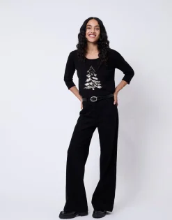 Pull fin uni décoré NOIR Femme