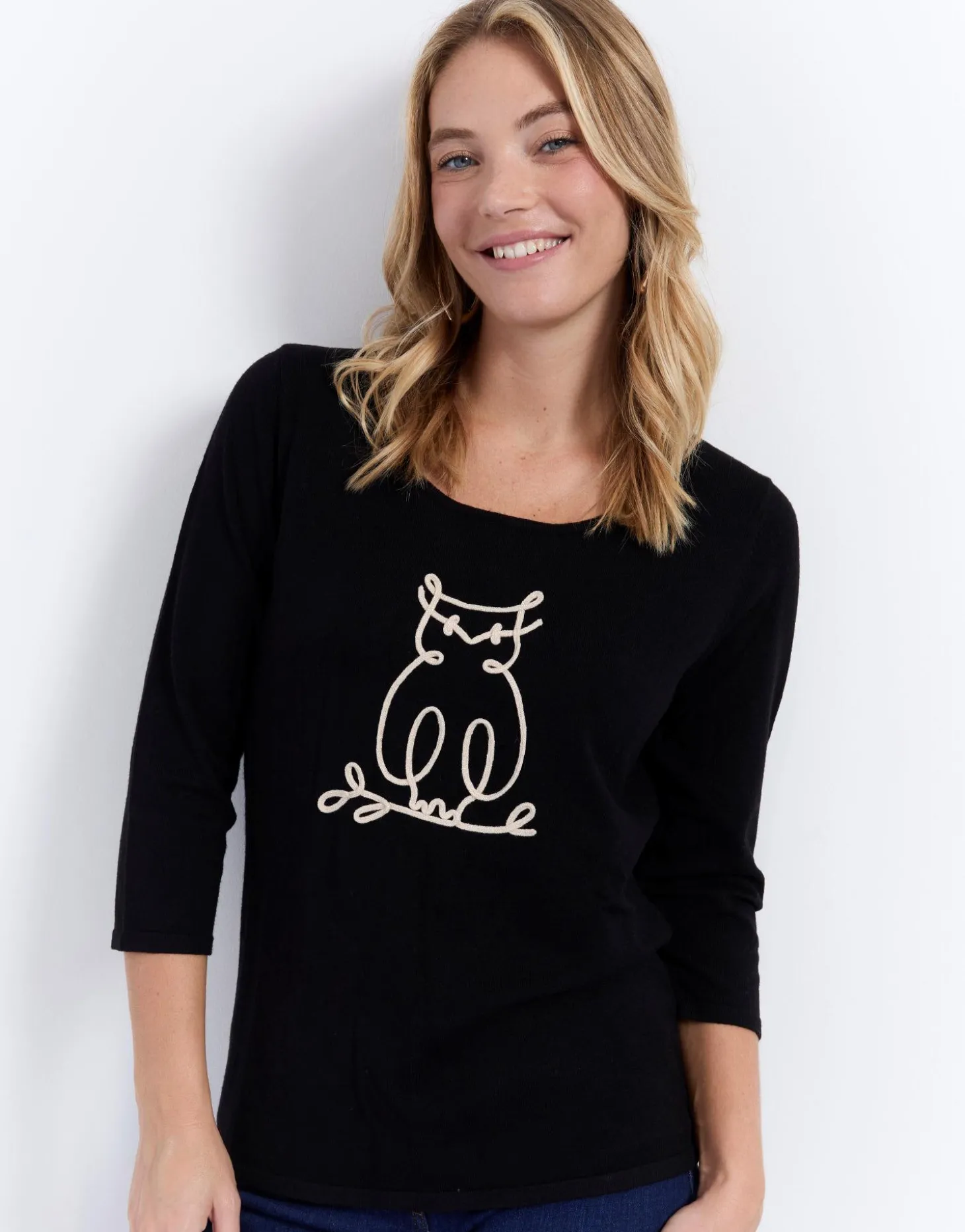 Pull fin uni décoré NOIR Femme