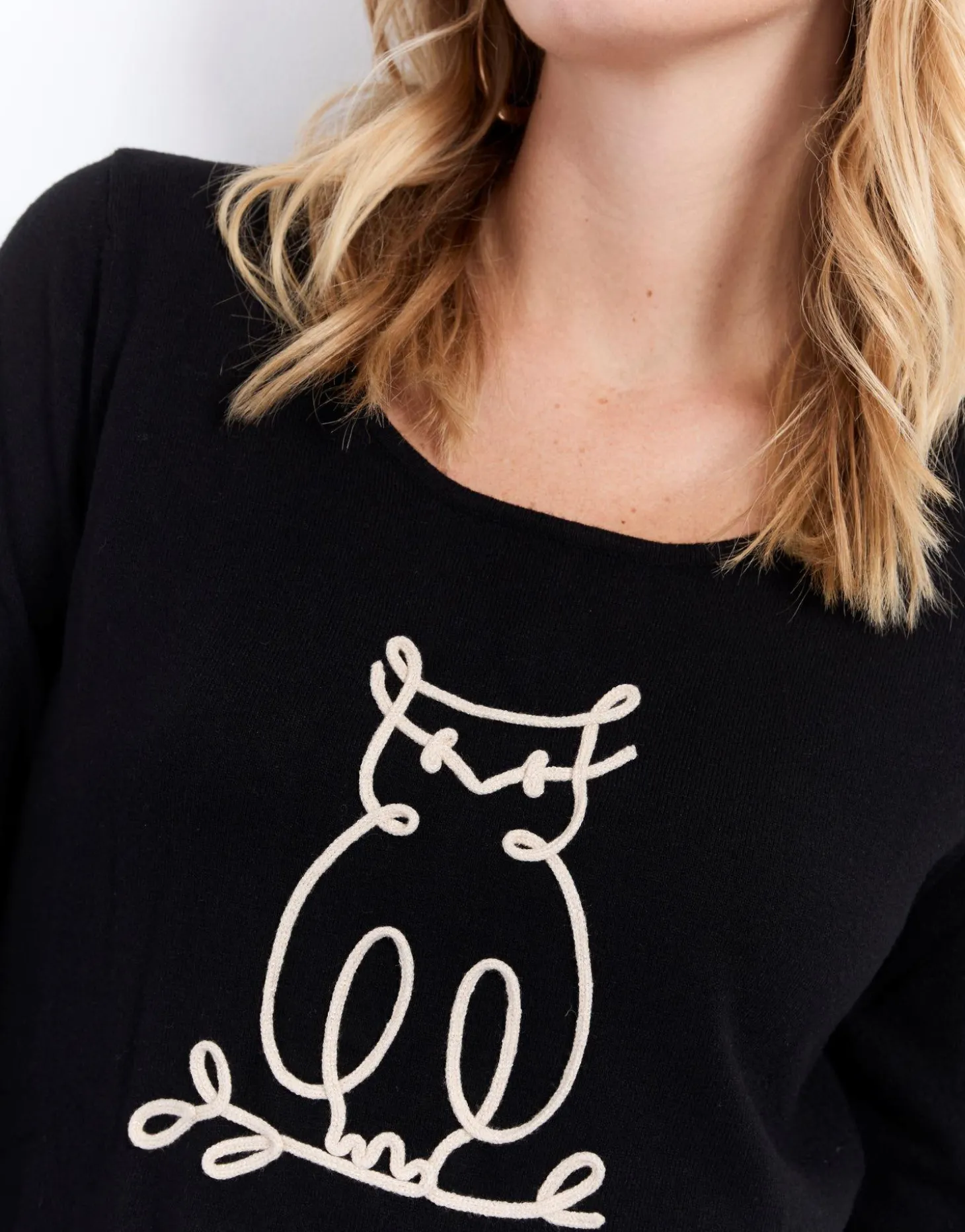 Pull fin uni décoré NOIR Femme