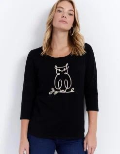 Pull fin uni décoré NOIR Femme
