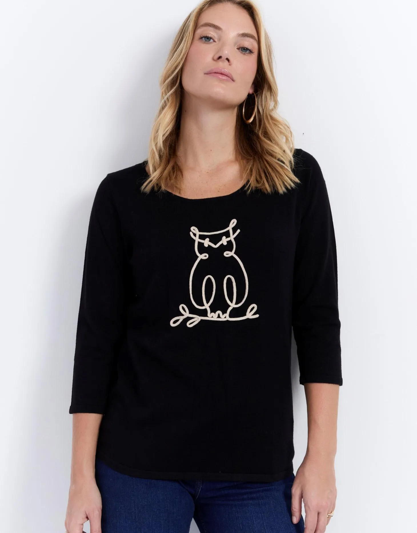 Pull fin uni décoré NOIR Femme