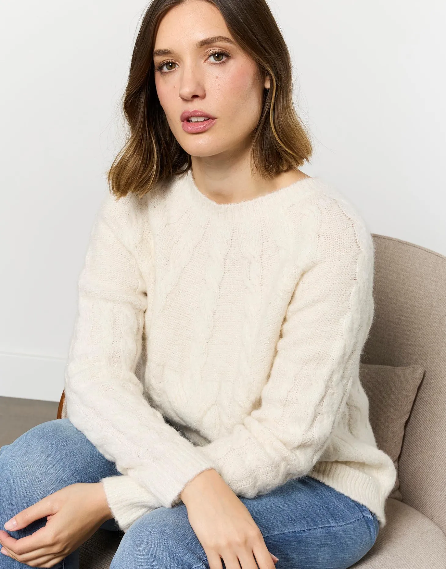 Pull épais contenant de la laine uni BLANC Femme