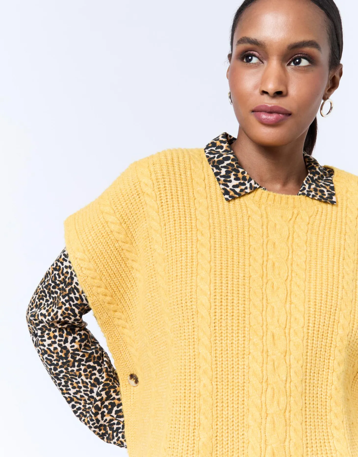 Pull épais court en mélange laine uni JAUNE Femme