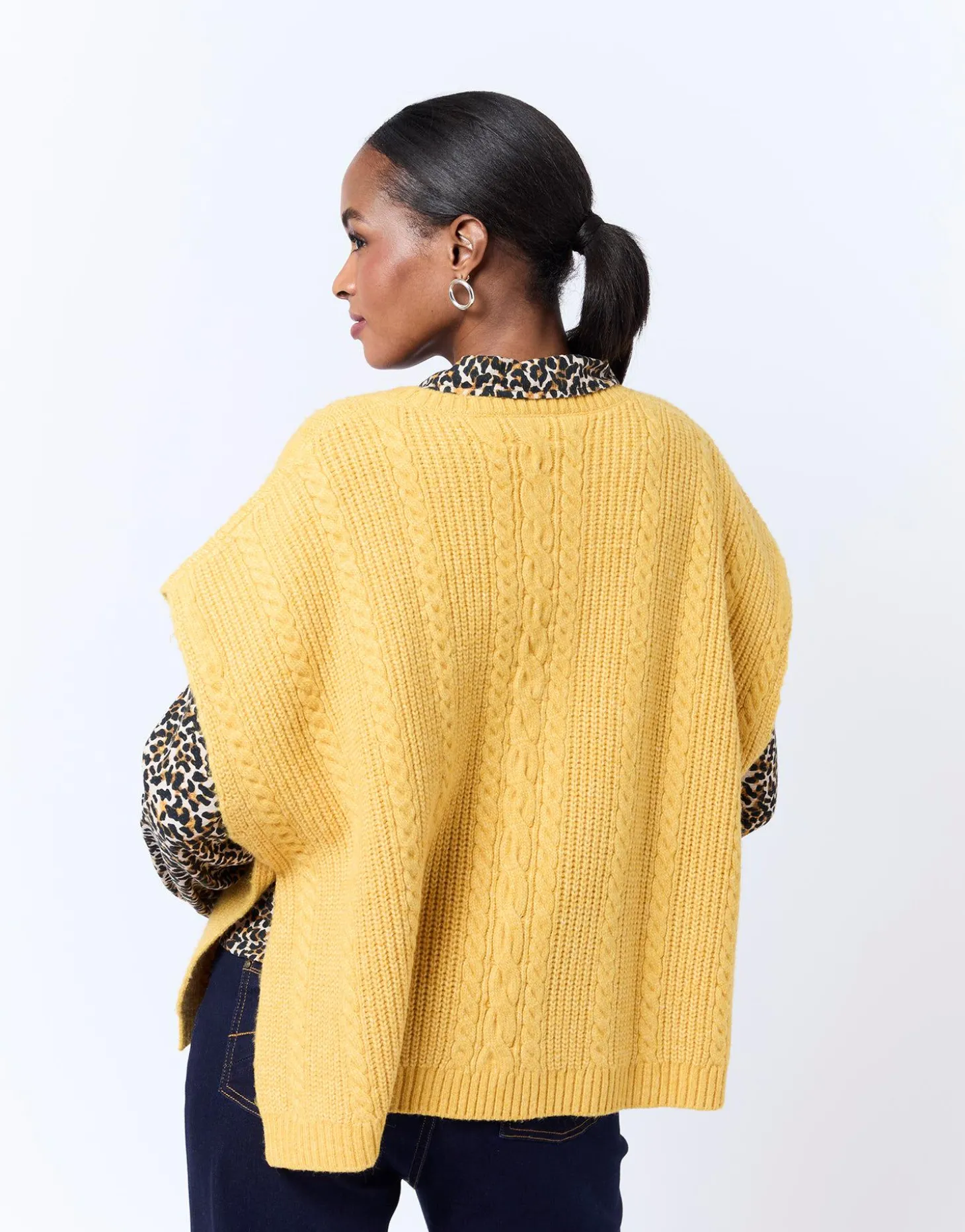 Pull épais court en mélange laine uni JAUNE Femme
